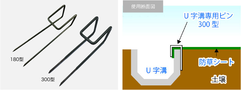 U字溝専用止めピン仕様断面図