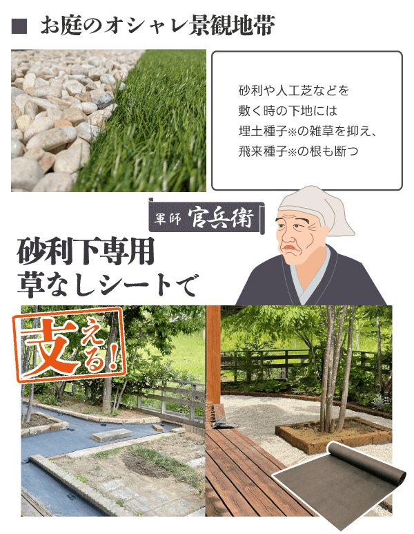 軍師:官兵衛【砂利下専用草なしシート】で支える!