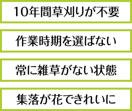 10年間草刈りが不要 作業時期を選ばない 常に雑草がない状態 集落が花できれいに