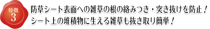 特徴3 防草シート表面への雑草の根の絡みつき・突き抜けを防止!シート上の堆積物に生える雑草も抜き取り簡単!